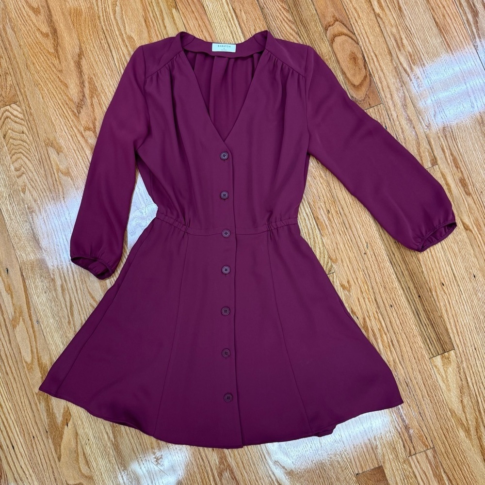 Babaton Aritzia Burgundy Bishop Sleeve V-Neck Blouson Dress Size Small